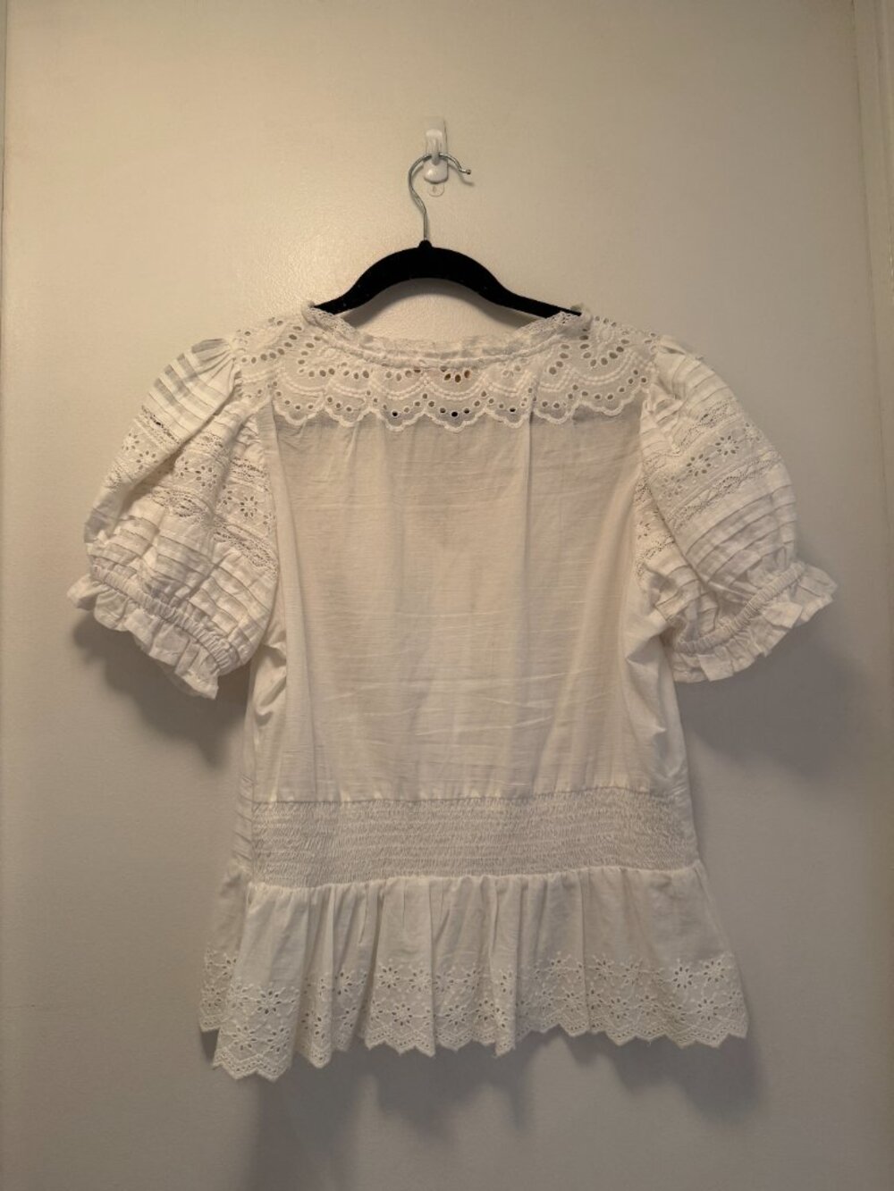 Jennifer & Grace White Eyelet Smocked Peplum Blouse | Boho Top | M - Picture 5 of 5